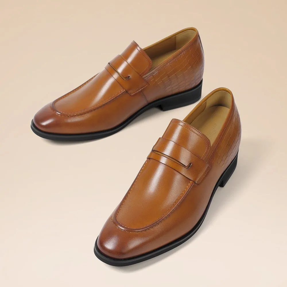 7 CM / 2.76 Inches CMR CHAMARIPA Men's Brown Leather Elevator Loafers -  Elegant Slip-On Dress Shoes