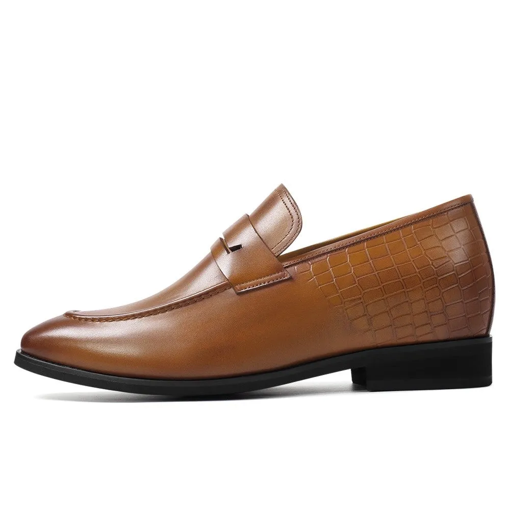 7 CM / 2.76 Inches CMR CHAMARIPA Men's Brown Leather Elevator Loafers -  Elegant Slip-On Dress Shoes