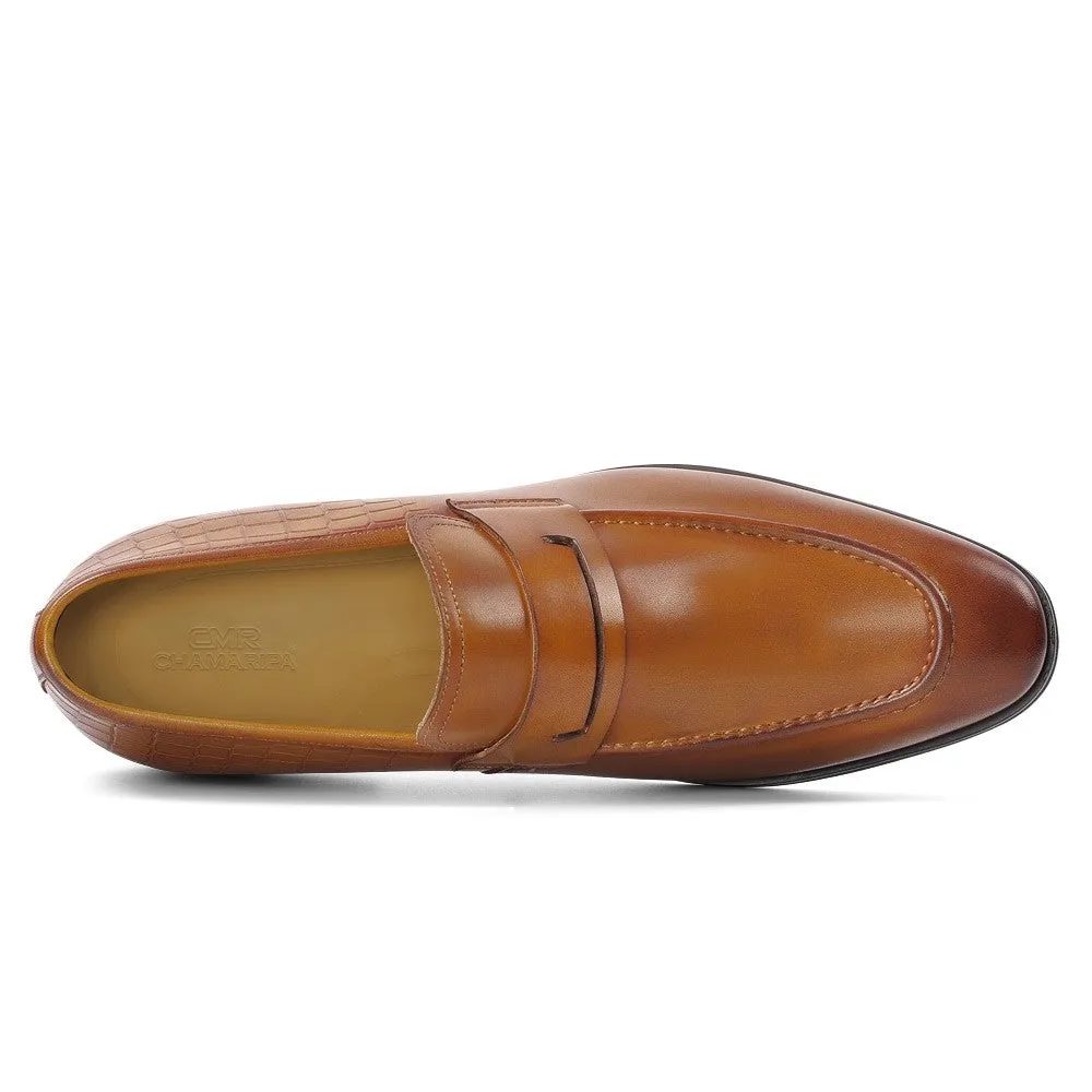 7 CM / 2.76 Inches CMR CHAMARIPA Men's Brown Leather Elevator Loafers -  Elegant Slip-On Dress Shoes