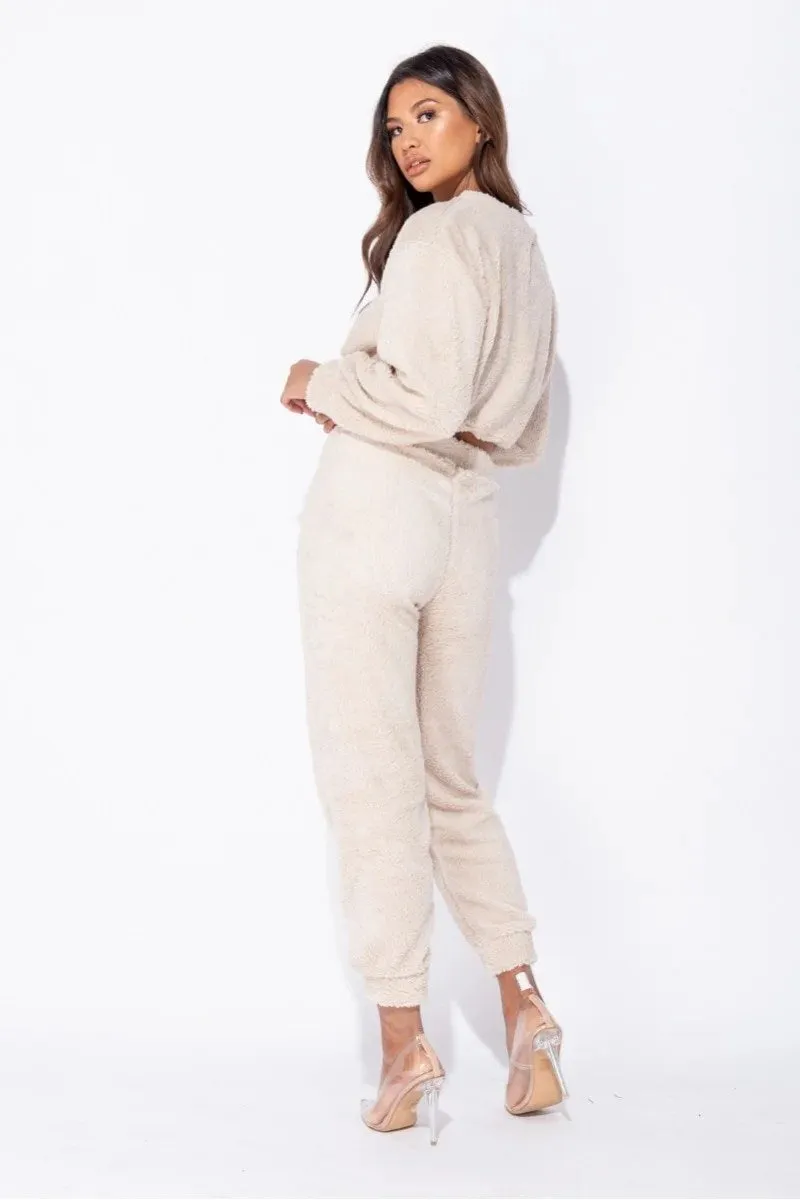 BEIGE TEDDY BORG CROPPED TOP & JOGGER LOUNGE SET