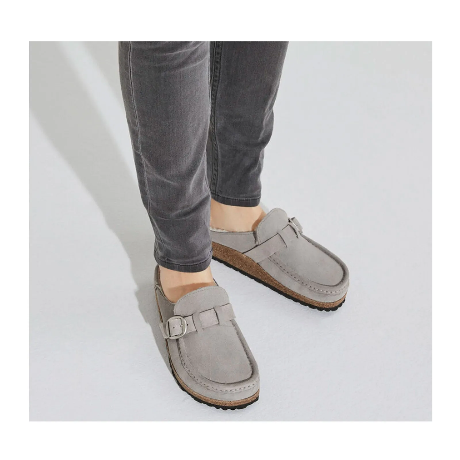 Birkenstock Buckley Shearling Clog (Women) - Stone Coin Suede/Natural