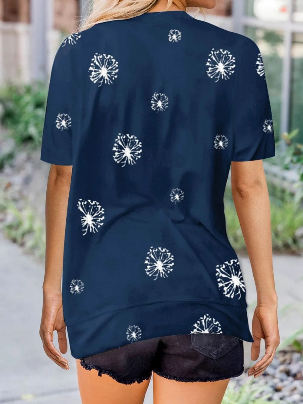 Blue Floral Star Print Crew Neck T-shirt