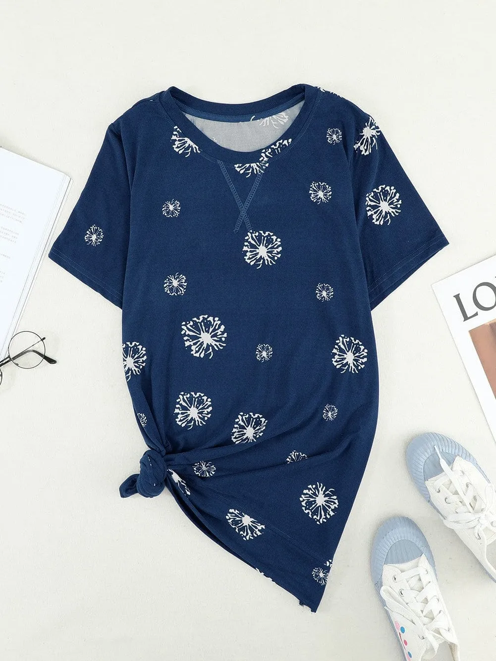 Blue Floral Star Print Crew Neck T-shirt