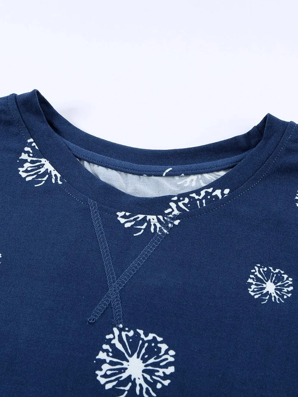 Blue Floral Star Print Crew Neck T-shirt