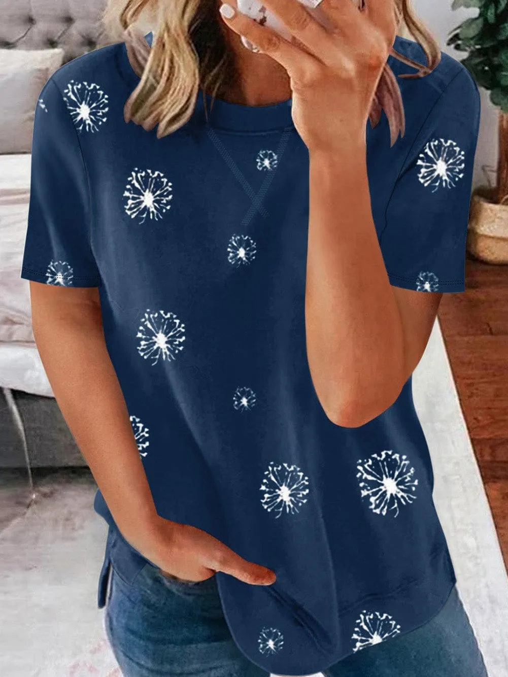 Blue Floral Star Print Crew Neck T-shirt