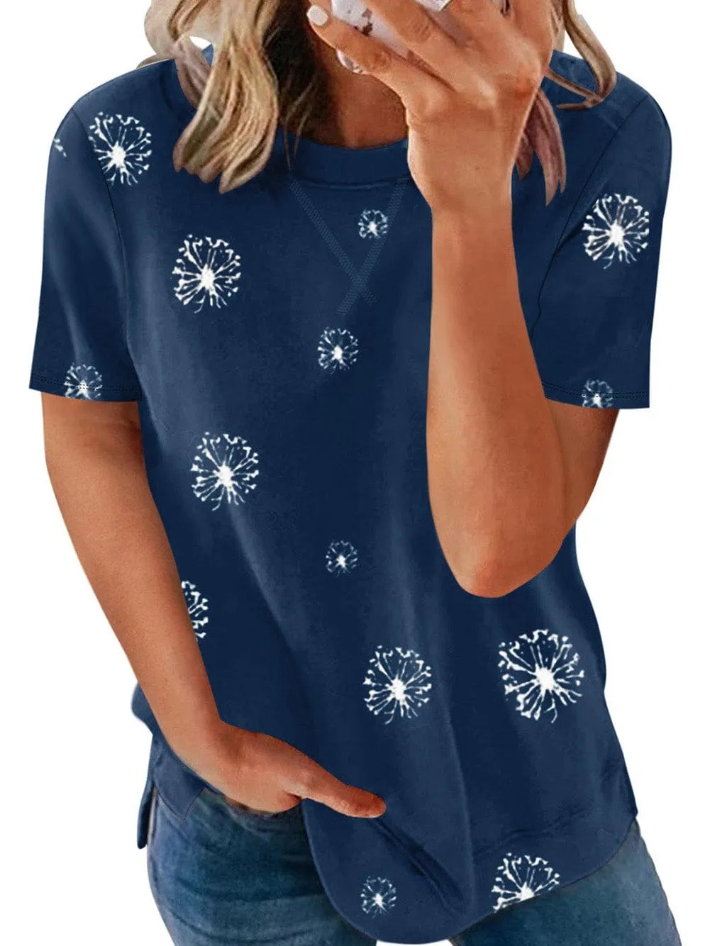 Blue Floral Star Print Crew Neck T-shirt