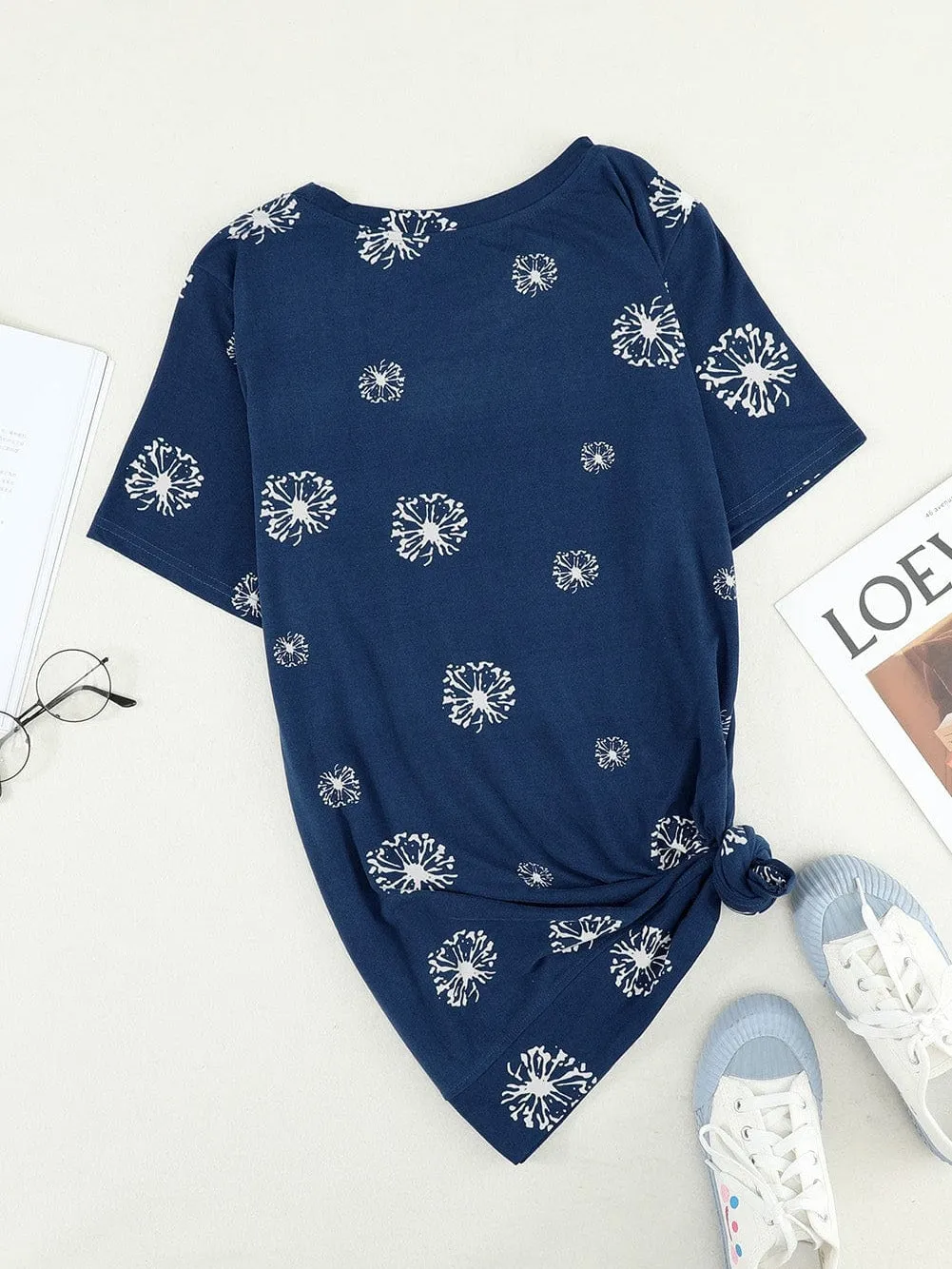 Blue Floral Star Print Crew Neck T-shirt