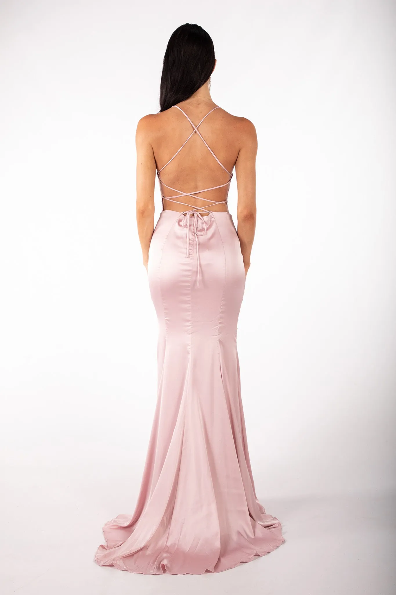 CIARA Lace Up Back Front Slit Satin Gown - Pink