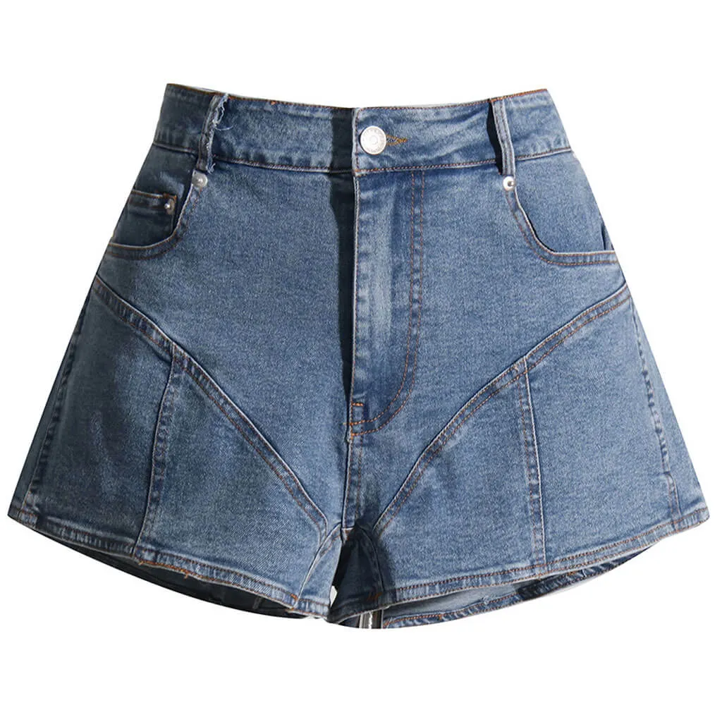 Contemporary High Waist Wide Leg Contrast Spliced Denim Shorts