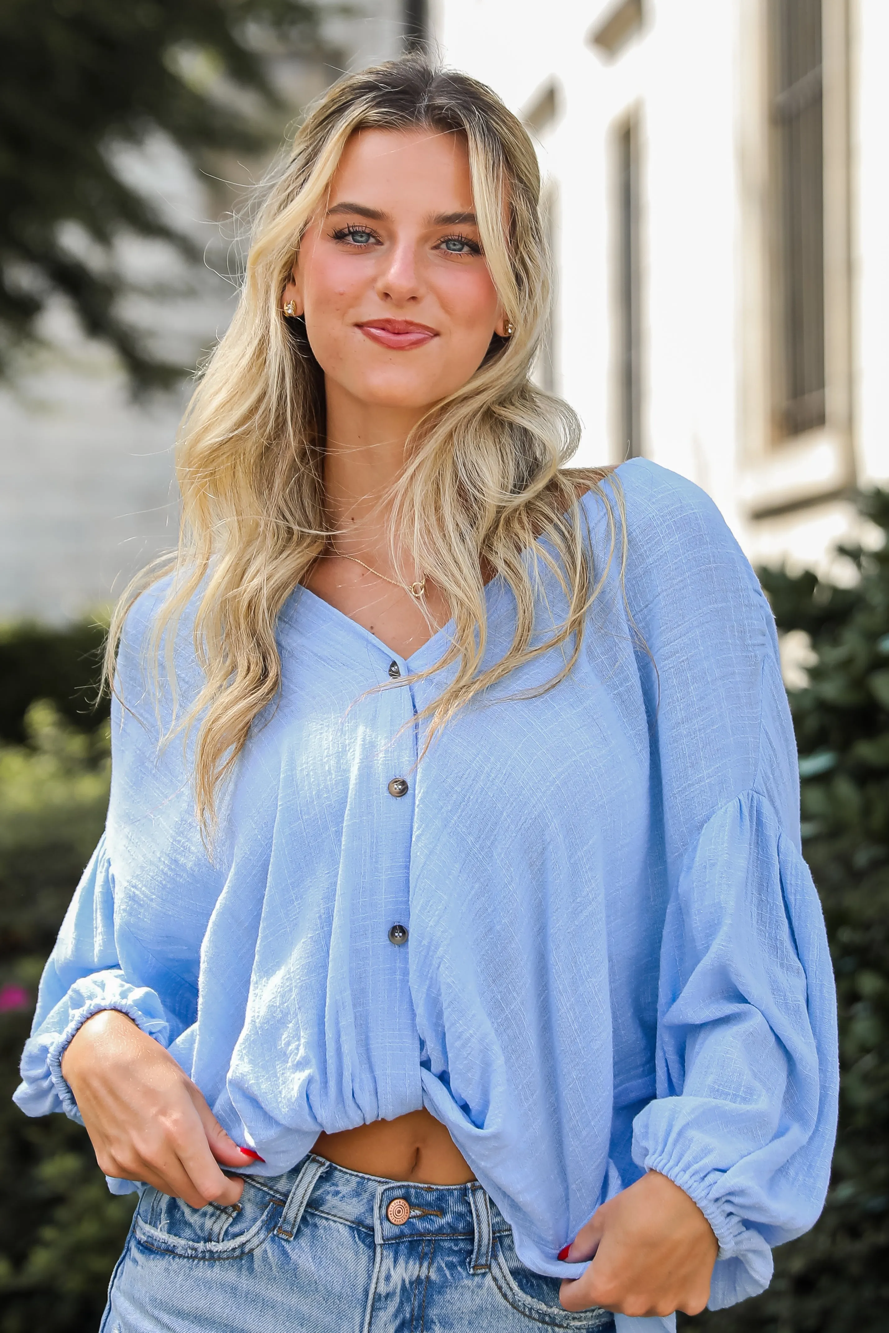 FINAL SALE - Sleek Dedication Light Blue Linen Blouse