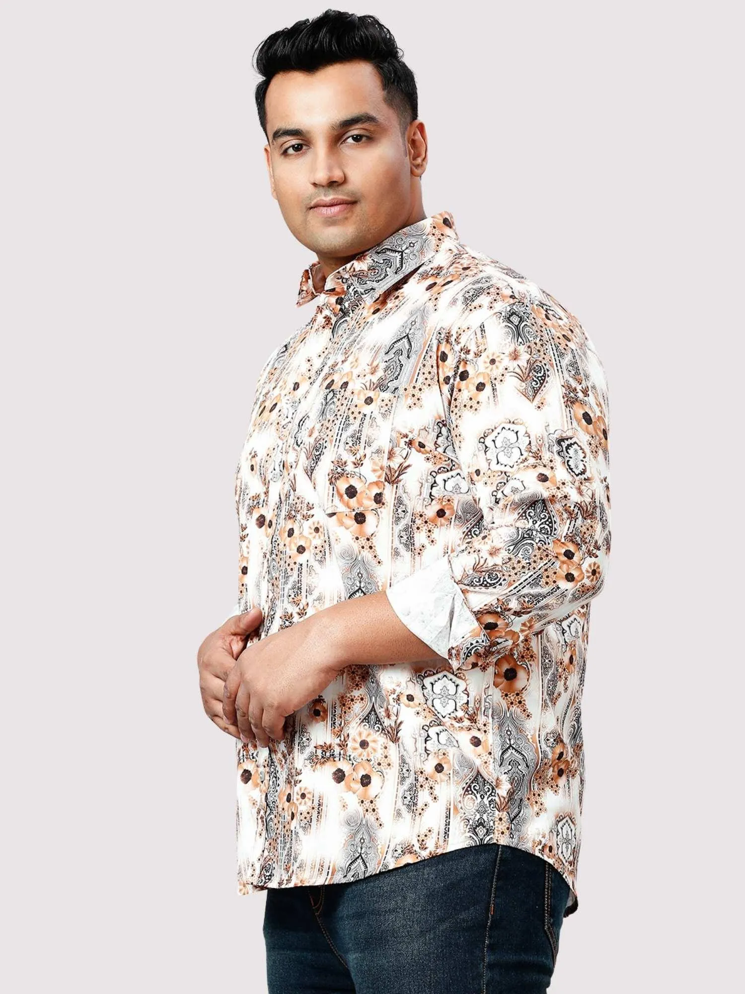 French Beige Digital Printed Full Sleeve Shirt Men's Plus Size