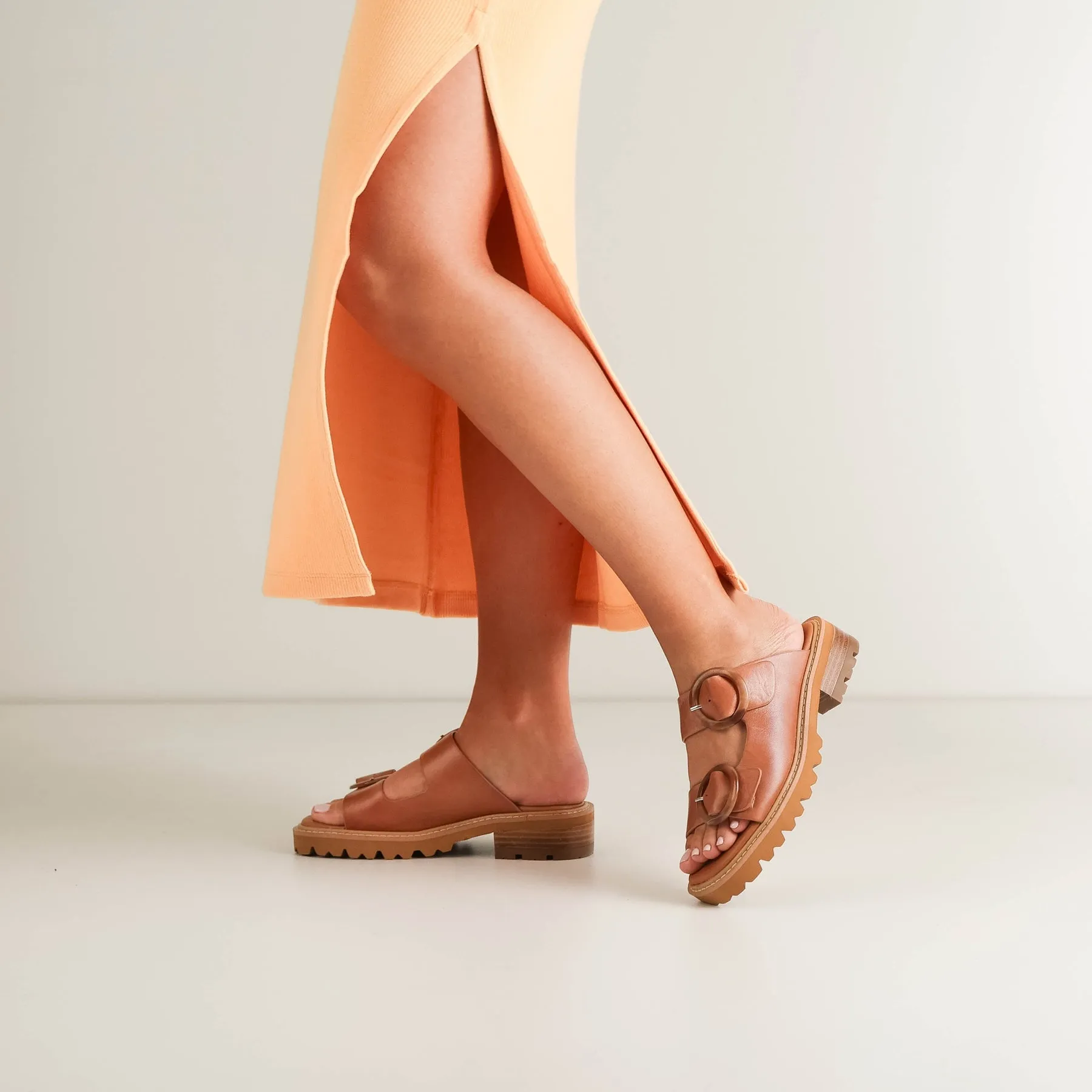 GILA LEATHER BLOCK HEEL SLIDE SANDALS