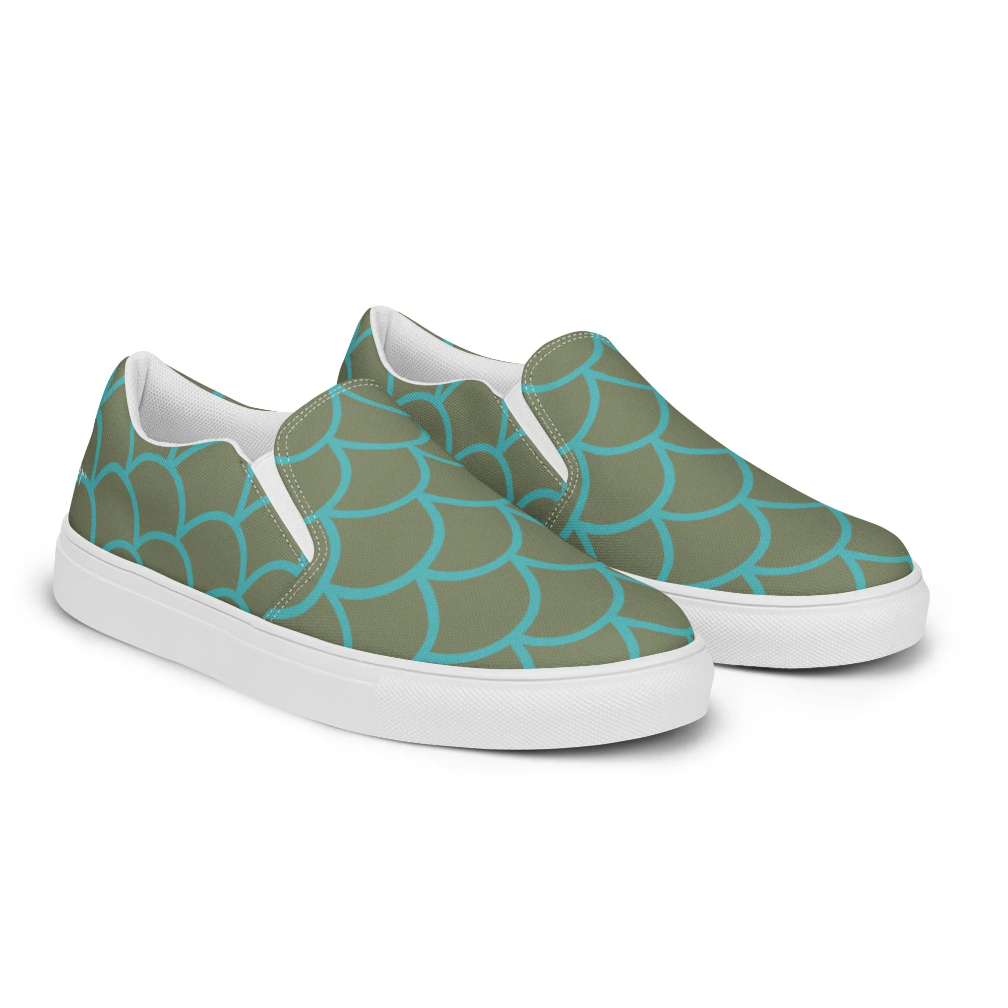 Green Mermaid Print Women's Slip Ons, Mermaid Scales Print Women’s Slip-On Canvas Shoes (US Size: 5-12)