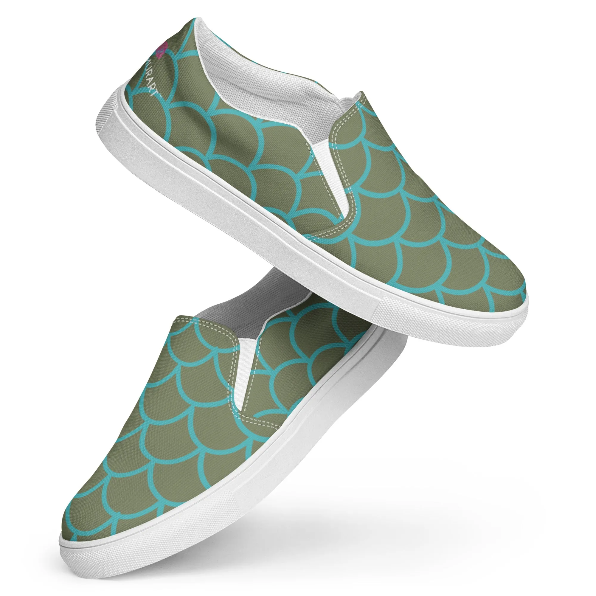 Green Mermaid Print Women's Slip Ons, Mermaid Scales Print Women’s Slip-On Canvas Shoes (US Size: 5-12)