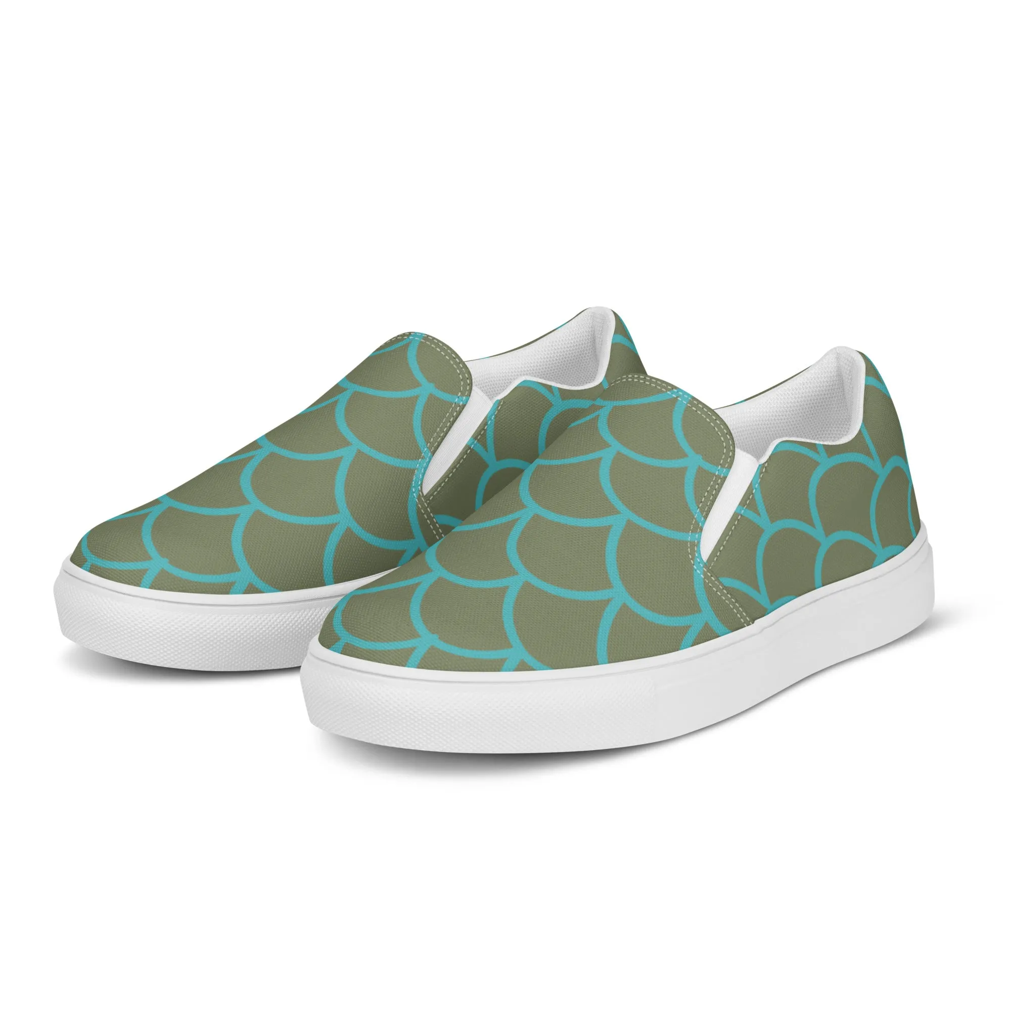 Green Mermaid Print Women's Slip Ons, Mermaid Scales Print Women’s Slip-On Canvas Shoes (US Size: 5-12)