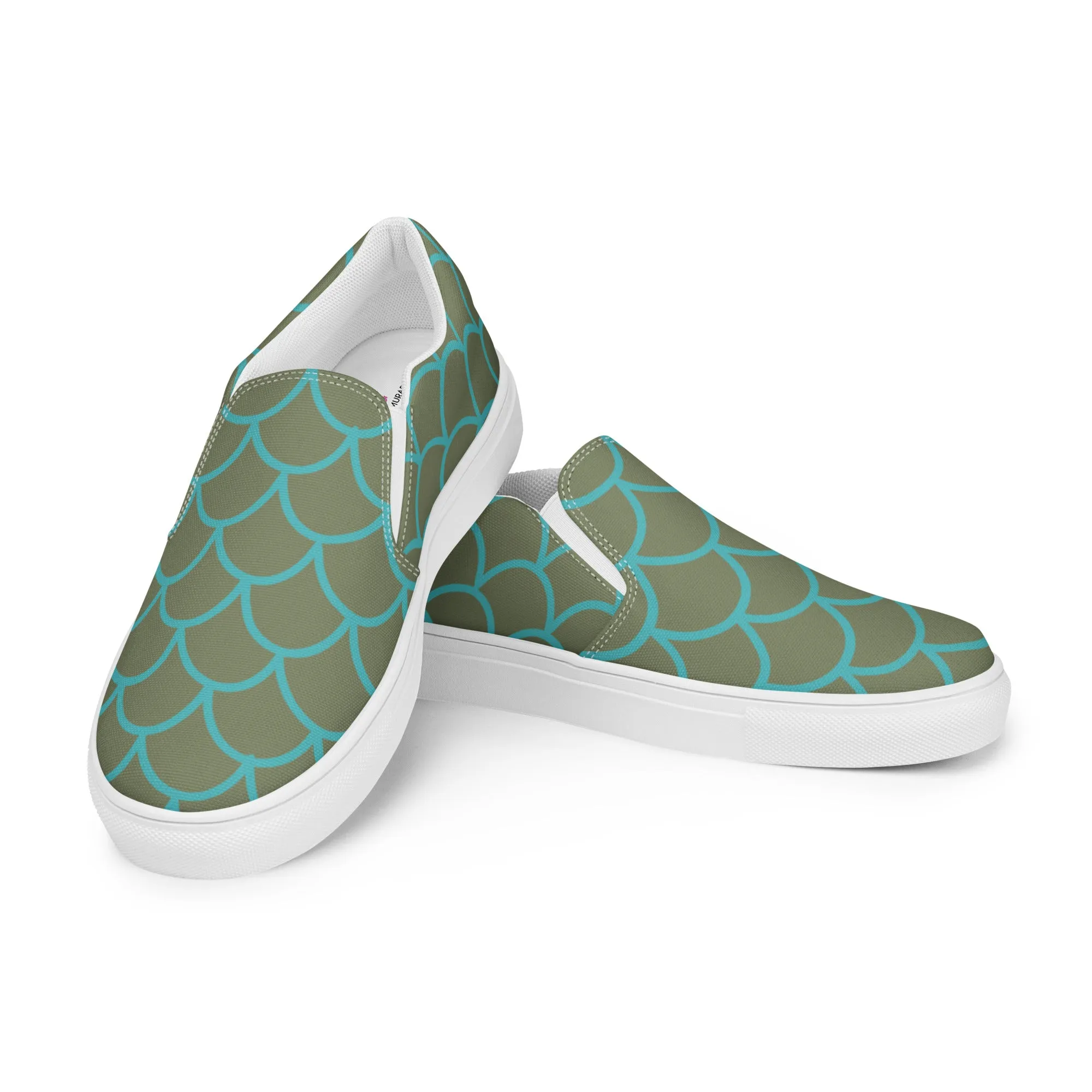 Green Mermaid Print Women's Slip Ons, Mermaid Scales Print Women’s Slip-On Canvas Shoes (US Size: 5-12)