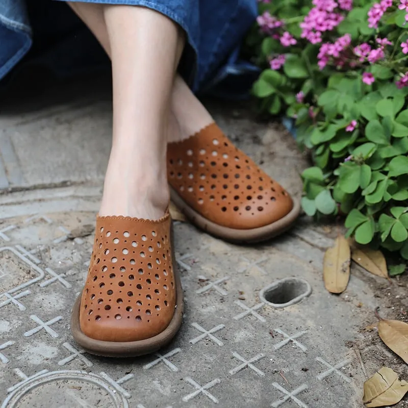 Handmade Genuine Leather Slip Ons Flats Perforated Breathable Loafers in Brown/Grey