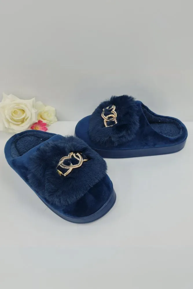 Heart Buckle Fluffy Fur Mules Slipper