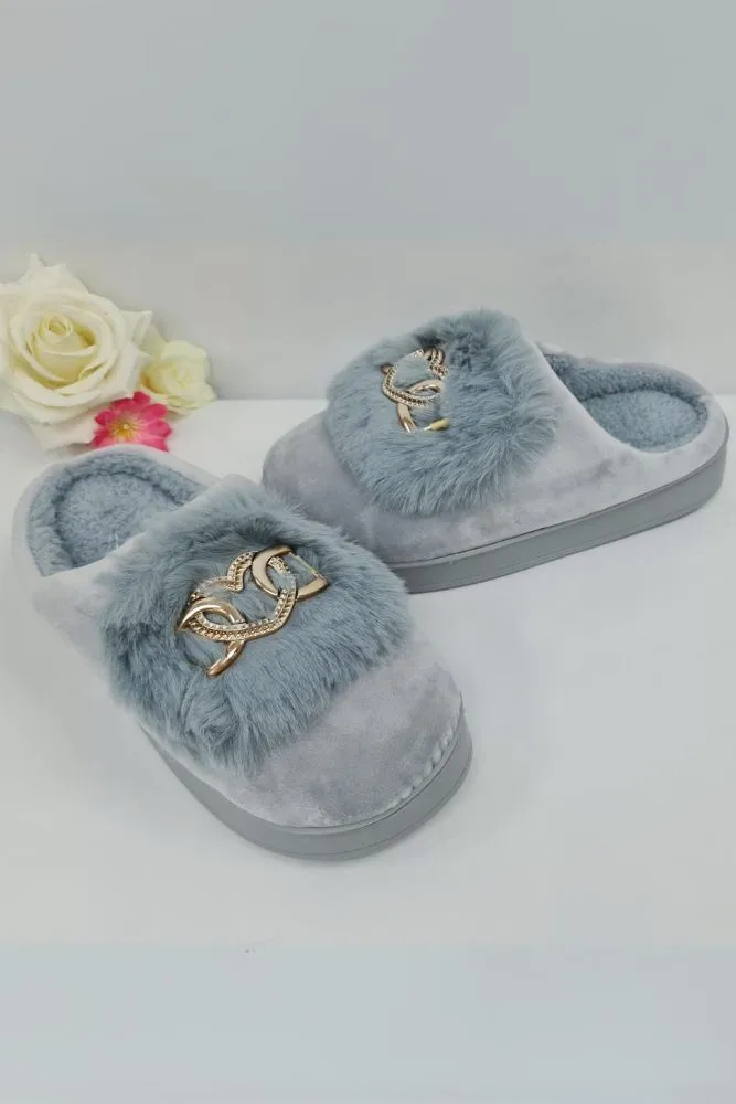 Heart Buckle Fluffy Fur Mules Slipper