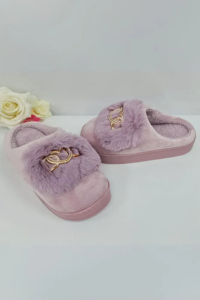 Heart Buckle Fluffy Fur Mules Slipper