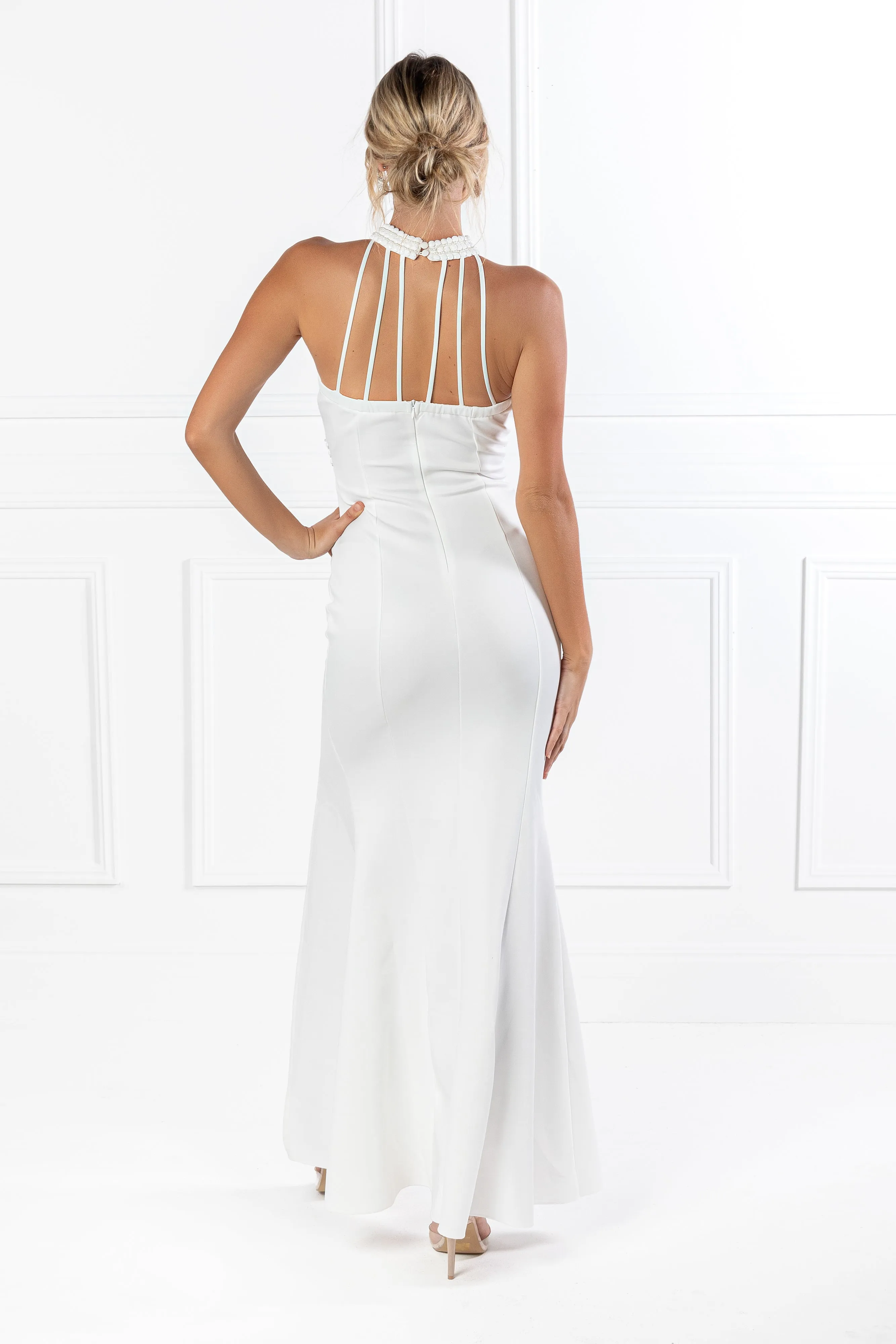 Honey Couture VALERIA White Beaded Halter Formal Gown