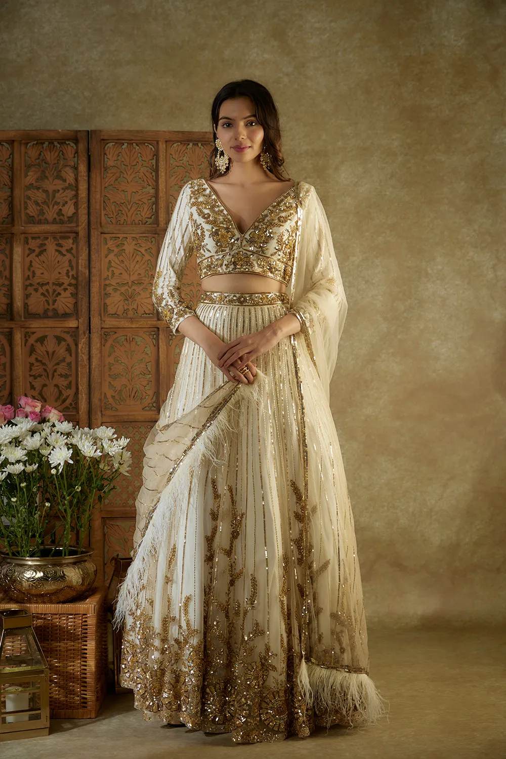 Ivory And Gold Embroidered Lehenga Set