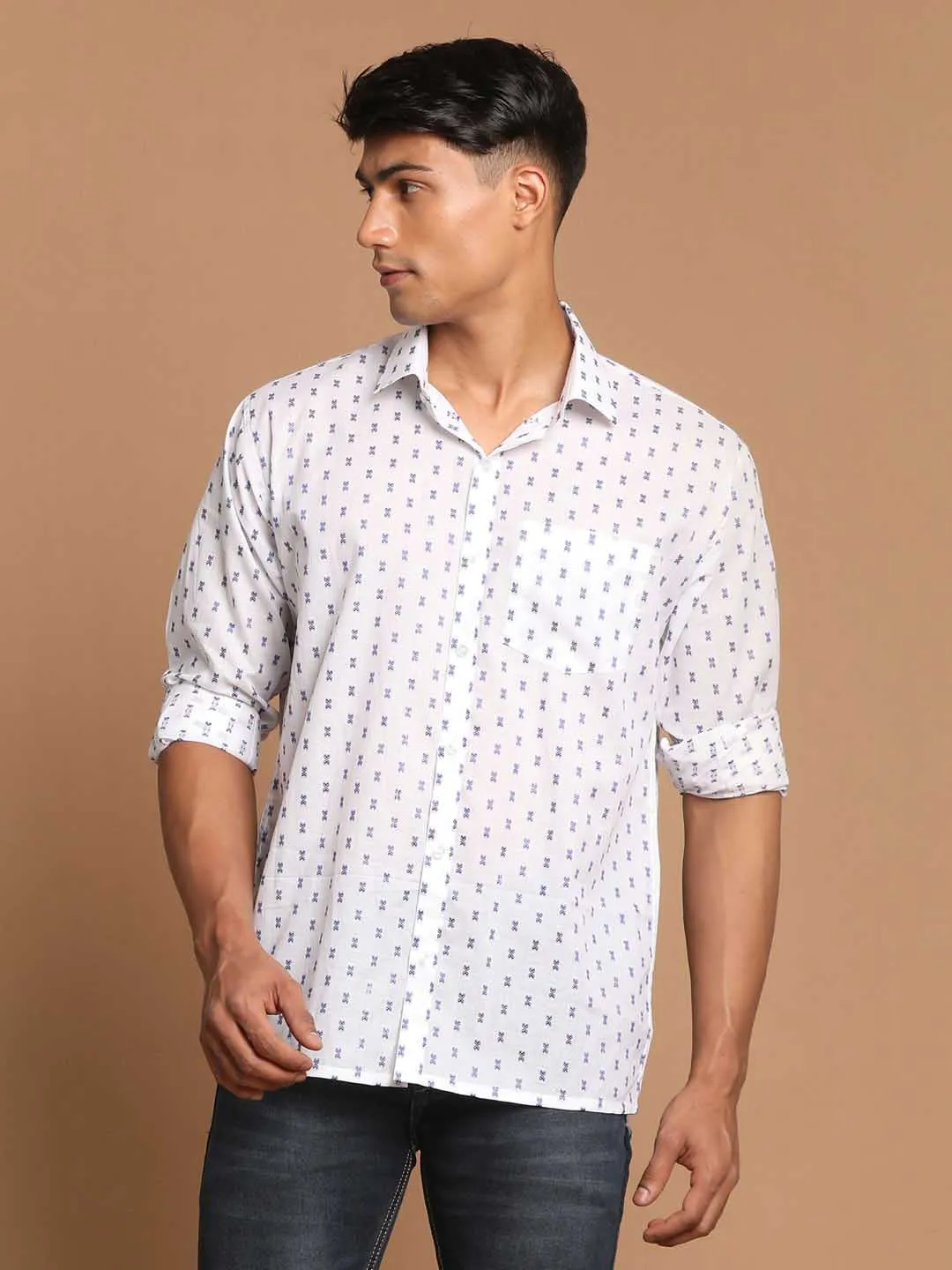 Jashvi Men's Blue And White Woven Design Cotton Shirt