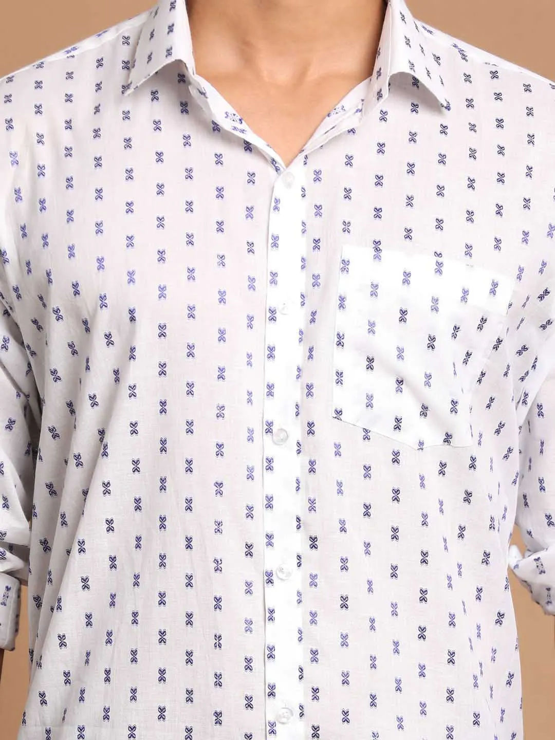 Jashvi Men's Blue And White Woven Design Cotton Shirt