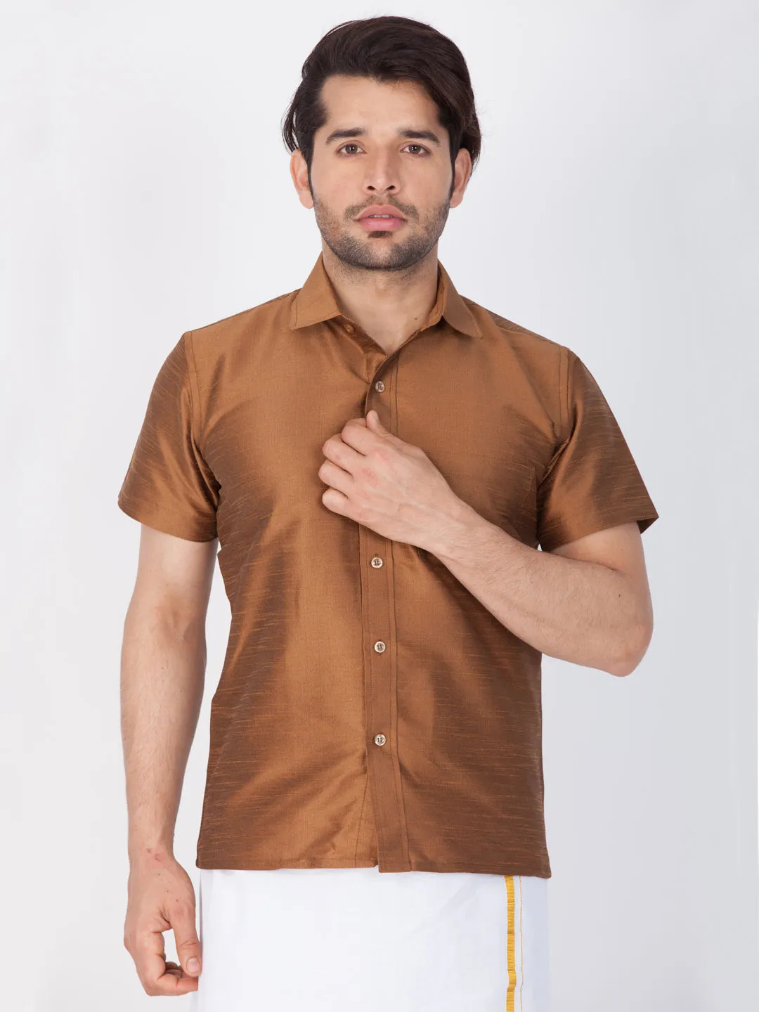 Jashvi Men's Brown Silk Blend Ethnic Shirt