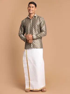 Jashvi Men's Brown Silk Blend Printed Shirt And Mundu Set