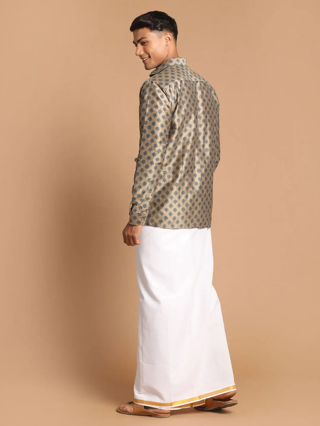 Jashvi Men's Brown Silk Blend Printed Shirt And Mundu Set