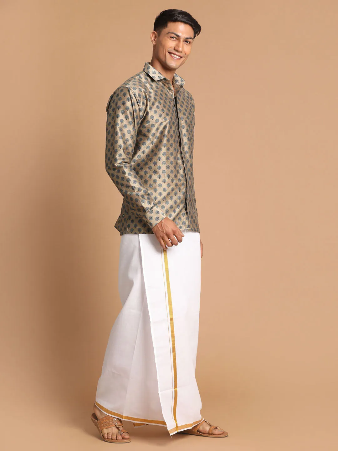 Jashvi Men's Brown Silk Blend Printed Shirt And Mundu Set