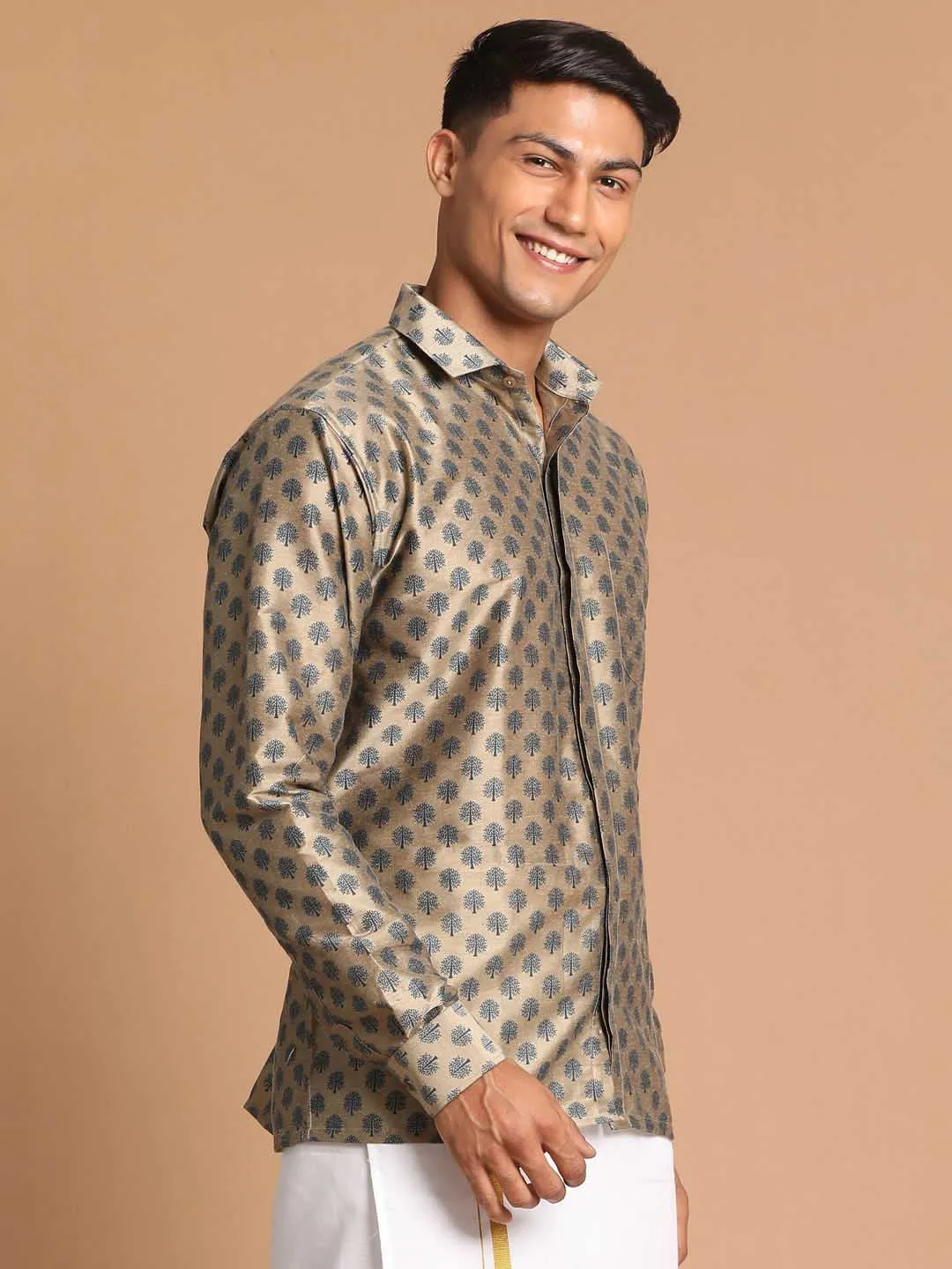 Jashvi Men's Brown Silk Blend Printed Shirt