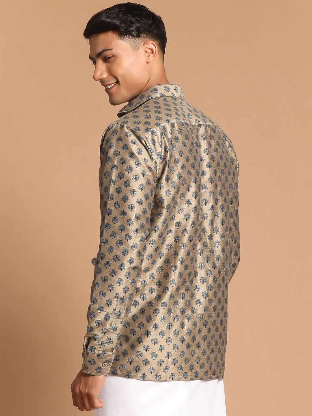 Jashvi Men's Brown Silk Blend Printed Shirt