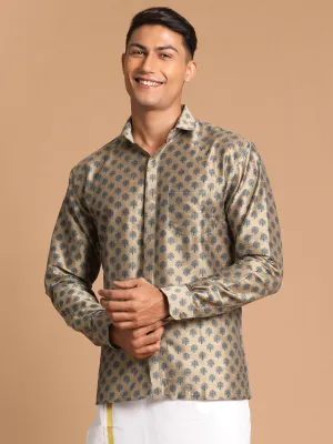 Jashvi Men's Brown Silk Blend Printed Shirt