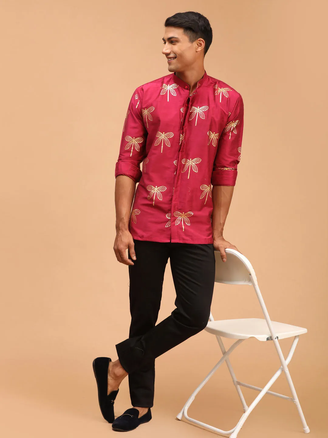 Jashvi Men's Fuchsia Foil Print Shirt