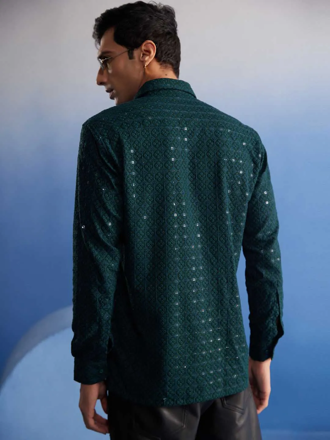 Jashvi Men's Green Rayon Embellished Shirt