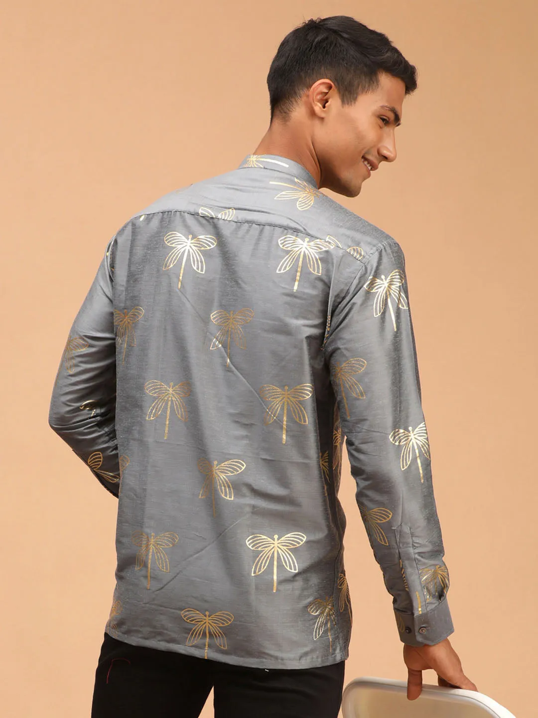 Jashvi Men's Grey Foil Print Shirt