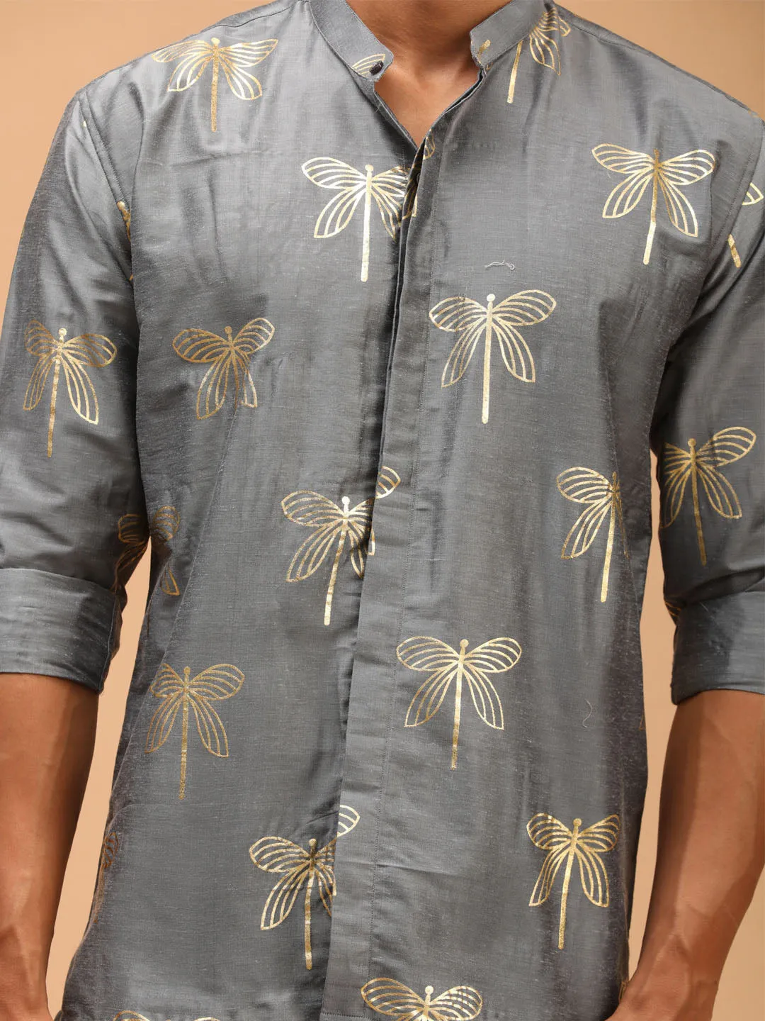 Jashvi Men's Grey Foil Print Shirt