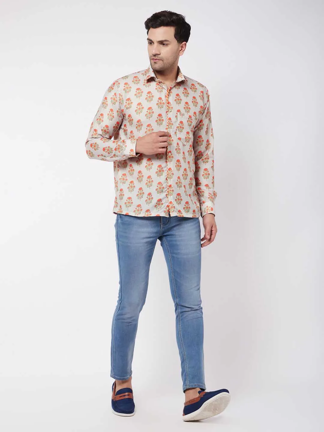 Jashvi Men's Multicolor-Base-Beige Ethnic Shirt