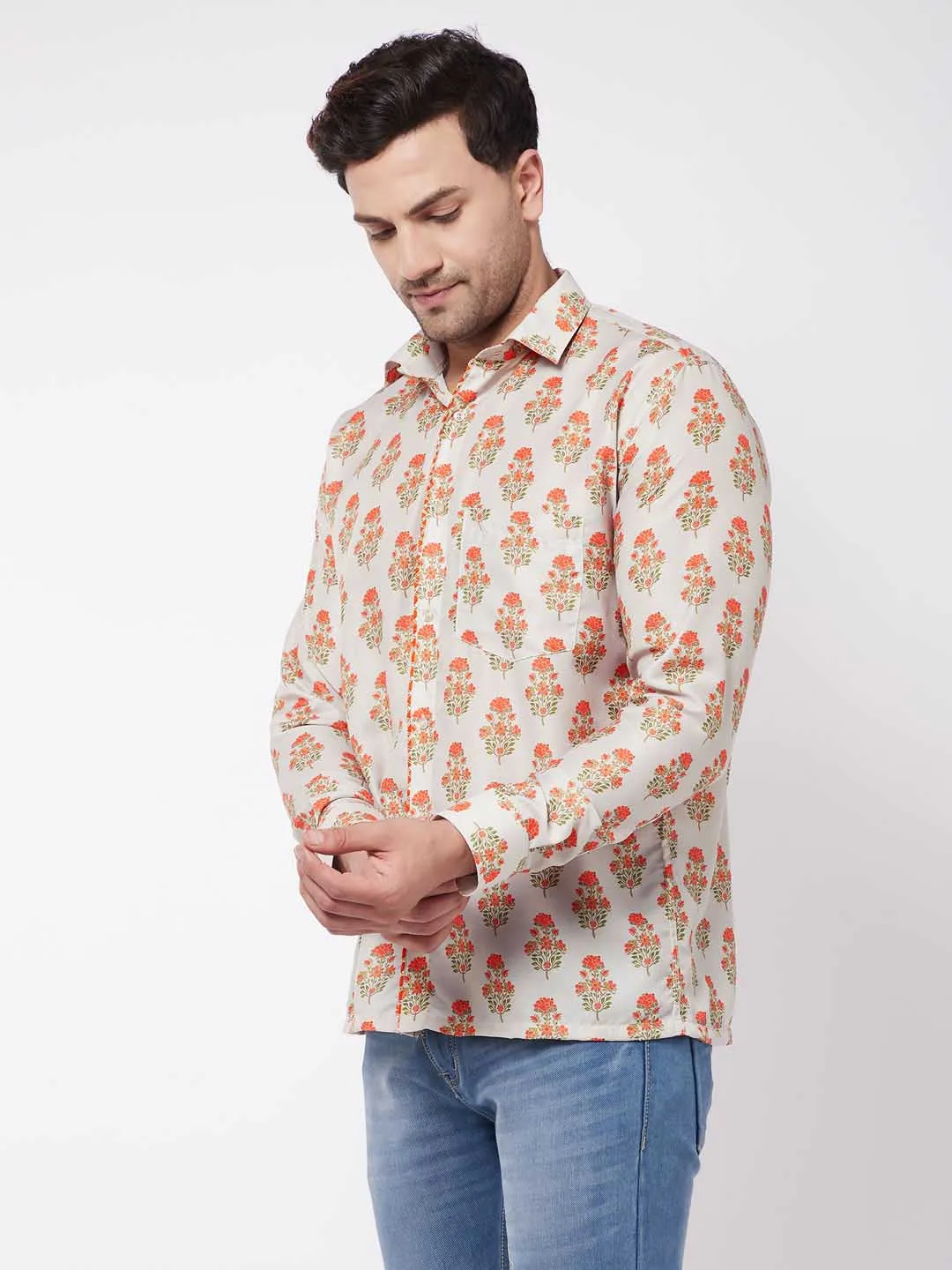 Jashvi Men's Multicolor-Base-Beige Ethnic Shirt