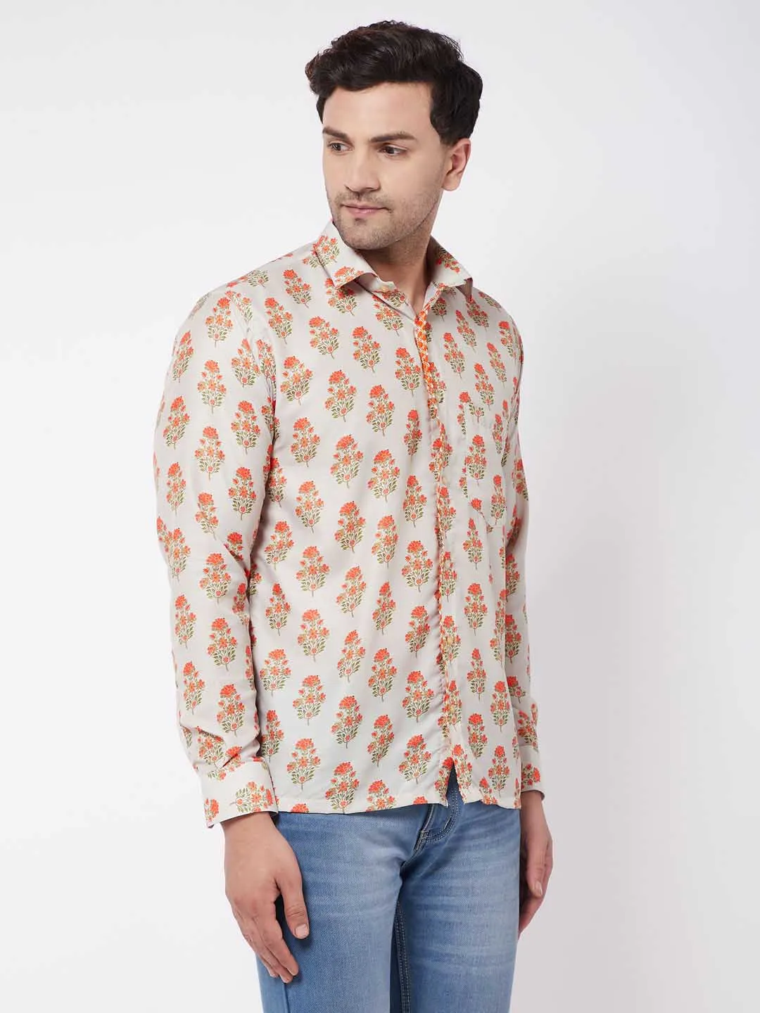 Jashvi Men's Multicolor-Base-Beige Ethnic Shirt