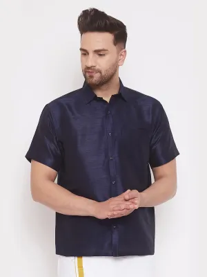 Jashvi Men's Navy Blue Silk Blend Ethnic Shirt