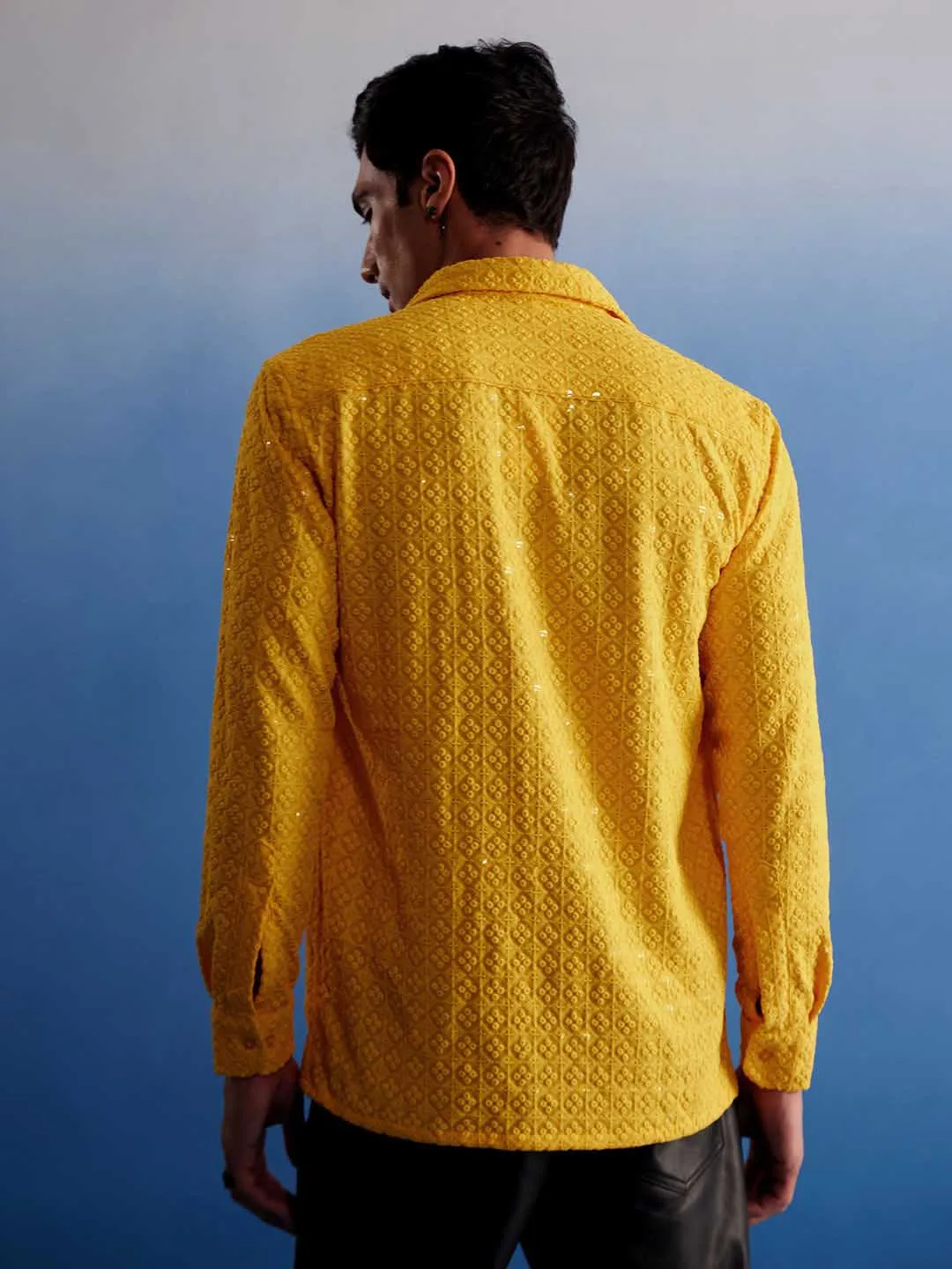 Jashvi Men's Yellow Rayon Embellished Shirt