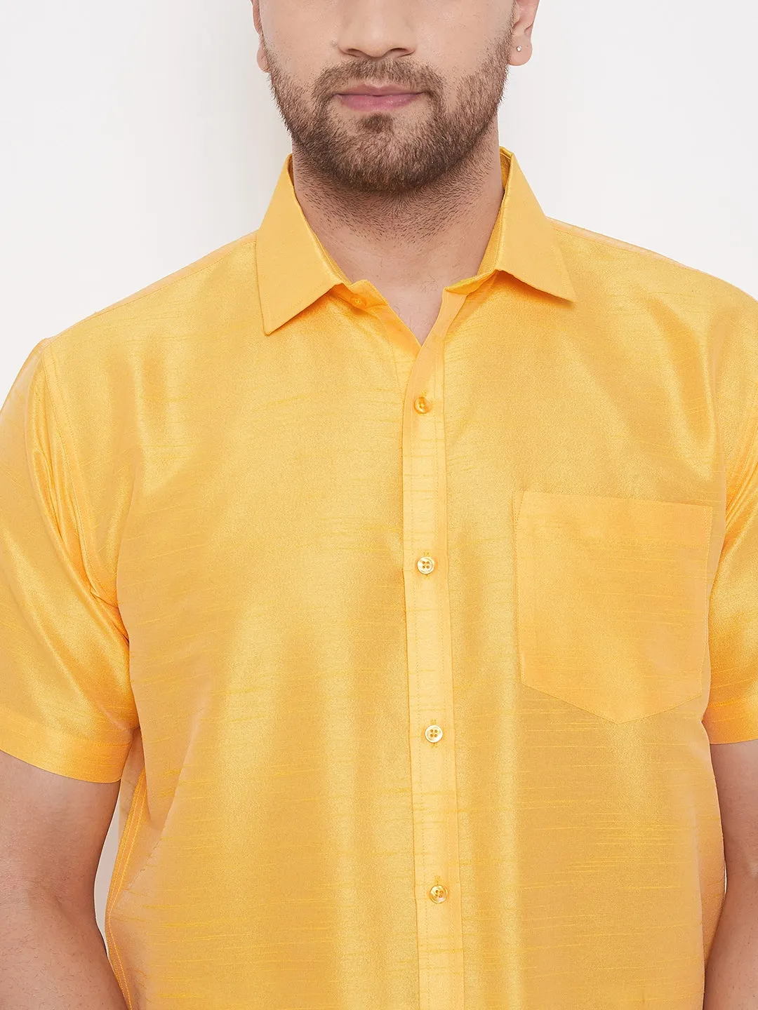 Jashvi Men's Yellow Silk Blend Ethnic Shirt