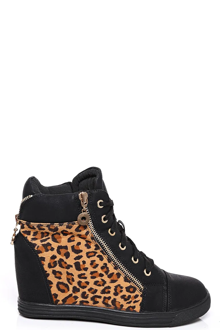 Leopard Print Wedge Trainers in Black