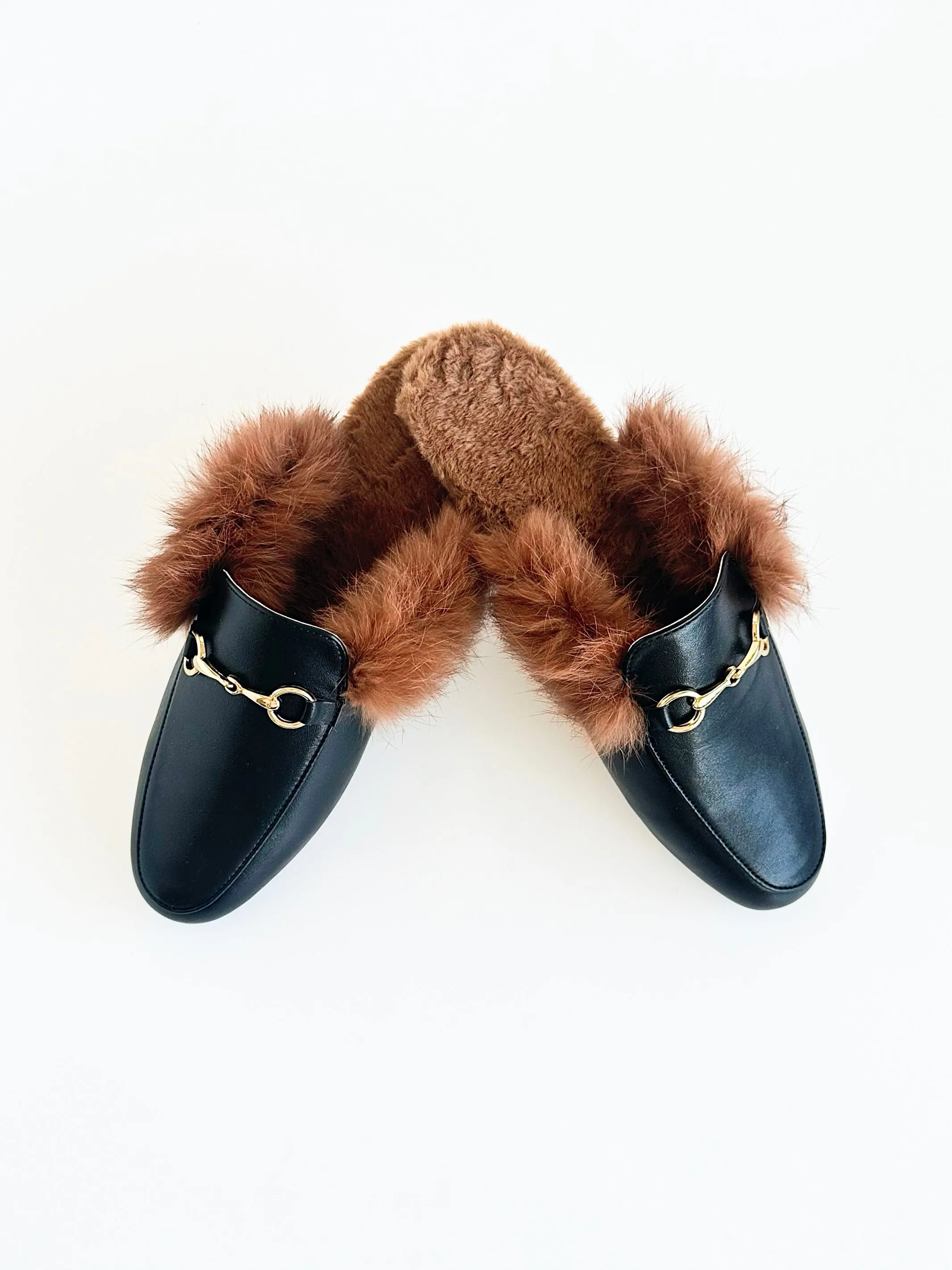 Luxe Escape Fur-Lined Mules - Black