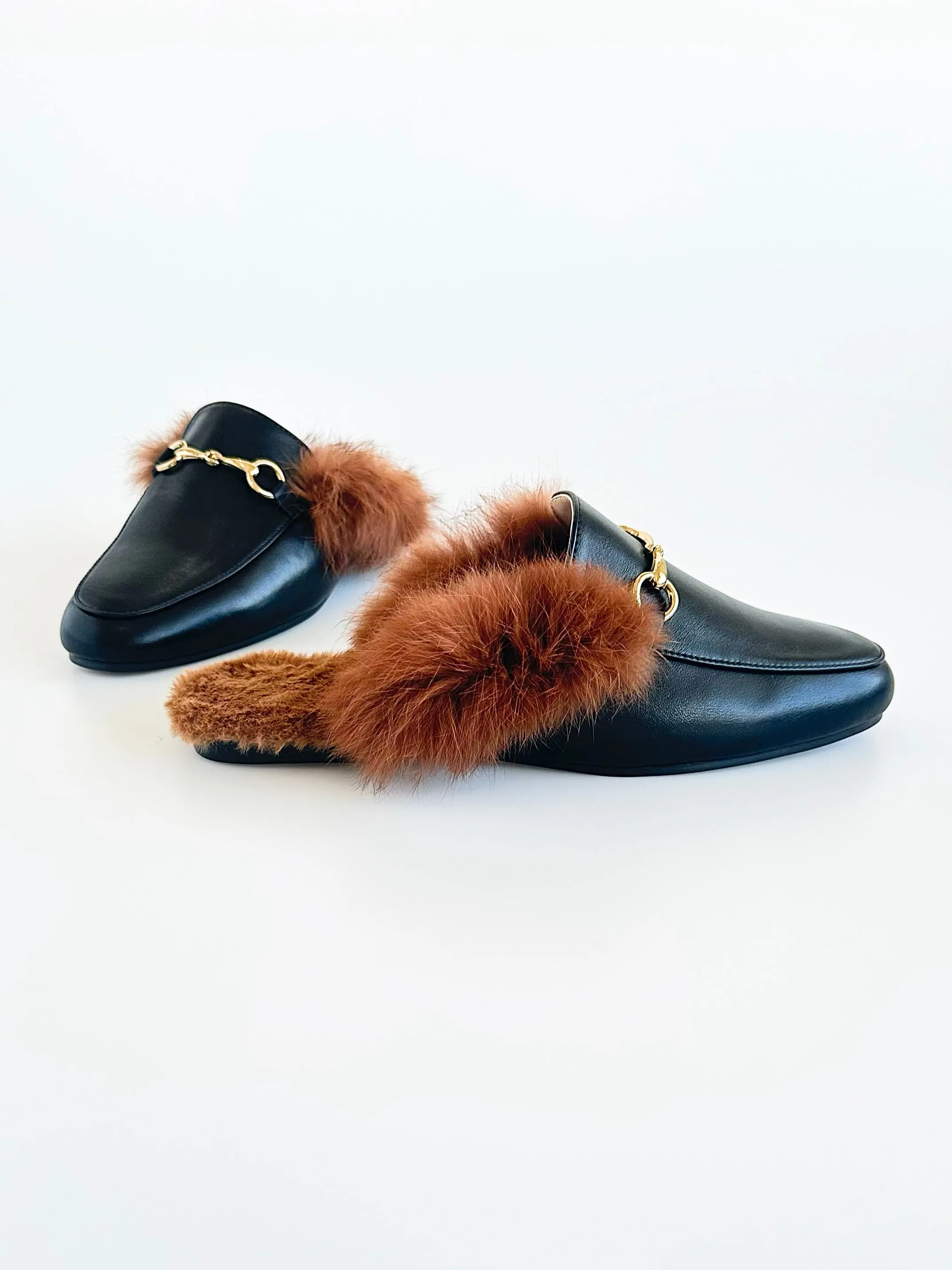 Luxe Escape Fur-Lined Mules - Black