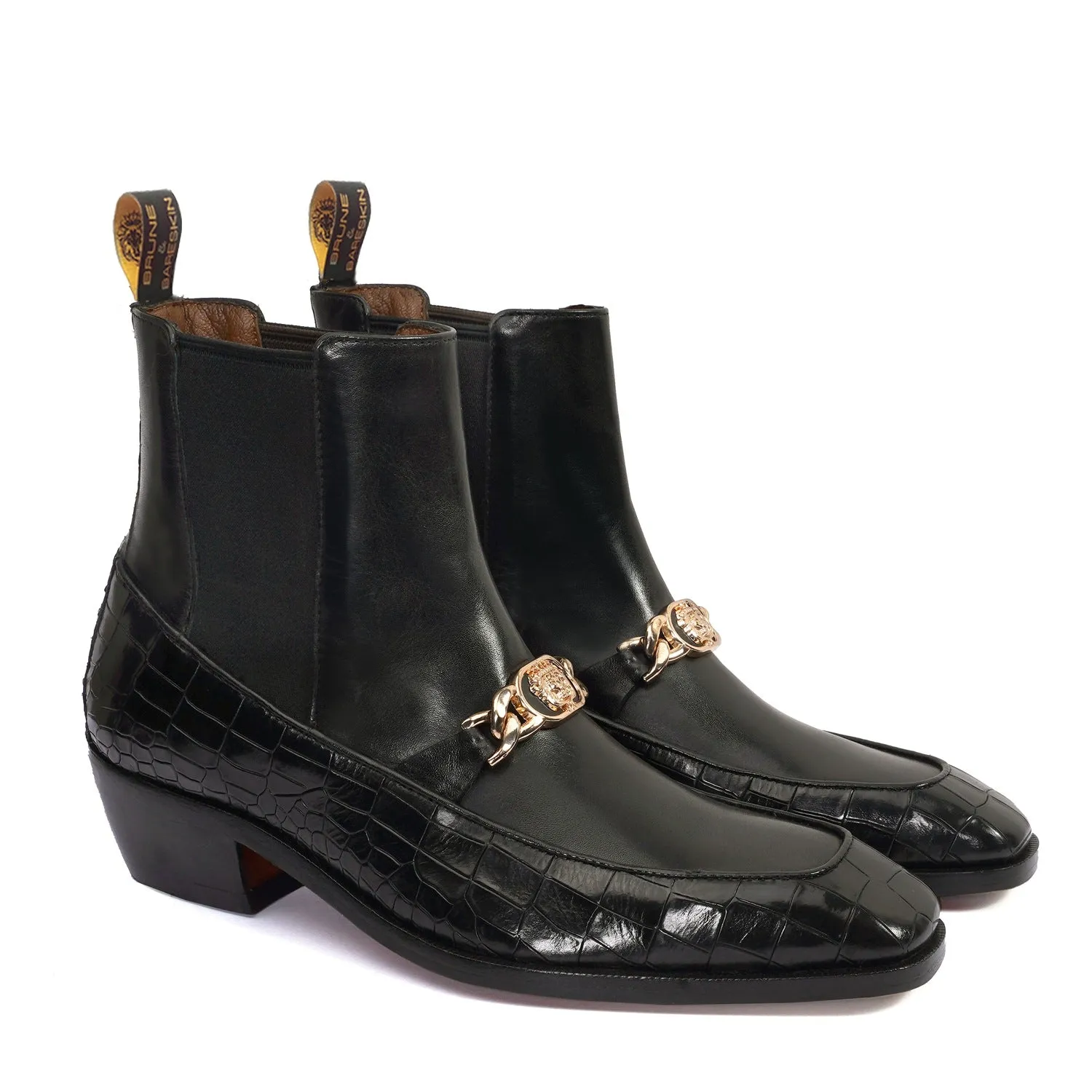 Luxury Black Croco and Plain Leather Cuban Heel Boots with Metal Chain Logo