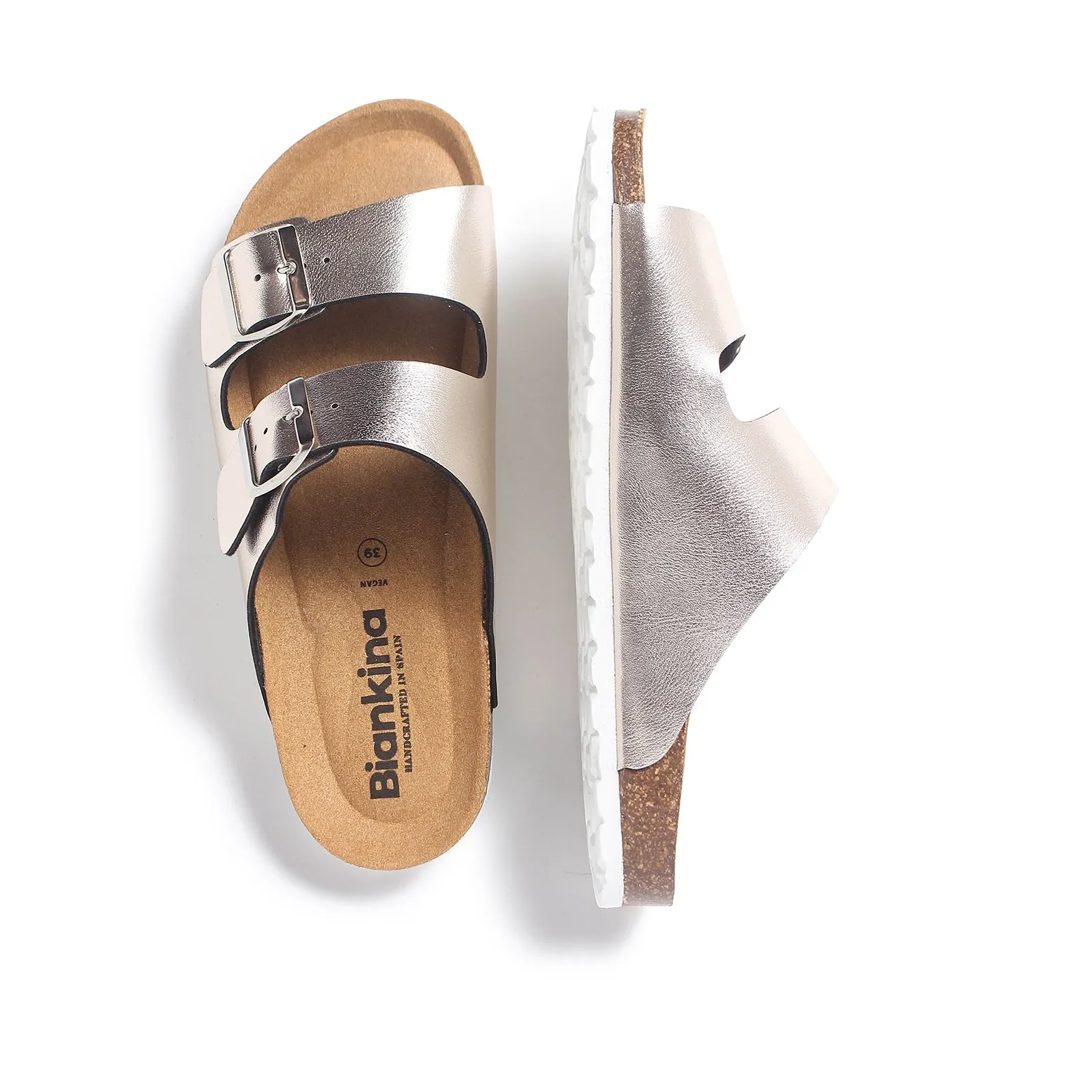 Marbella Vegan Leather Slip On Cork Sandal - Metallic Silver